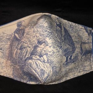 Linen Toile Blue Cream Face Mask